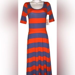 NWT LuLaRoe Ana Blue Orange Block Stripe Floor Length Maxi Dress Size XSmall